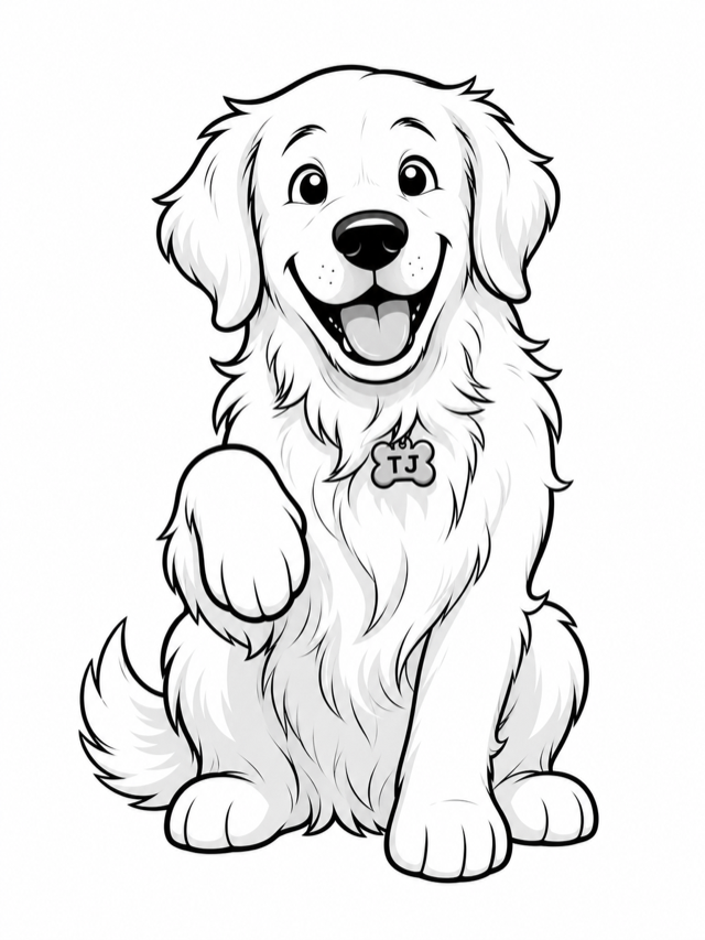 TJ, a golden retriever, sitting with one paw raised